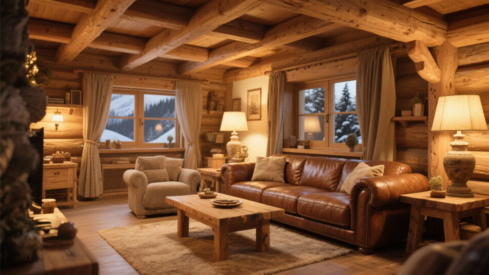 Brown leather couch in a rustic living room with wooden beams and tables
