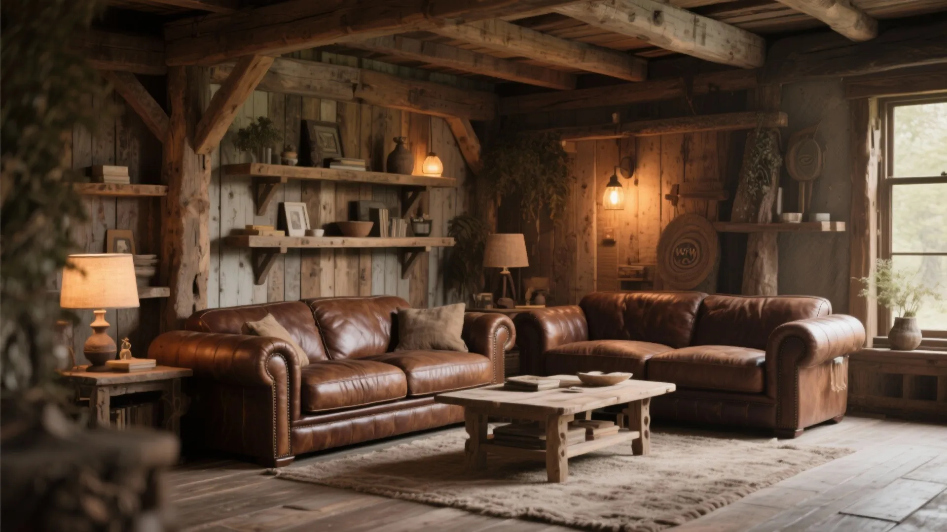 Rustic living room featuring brown leather sofas, wooden coffee table, exposed beams, and wall light