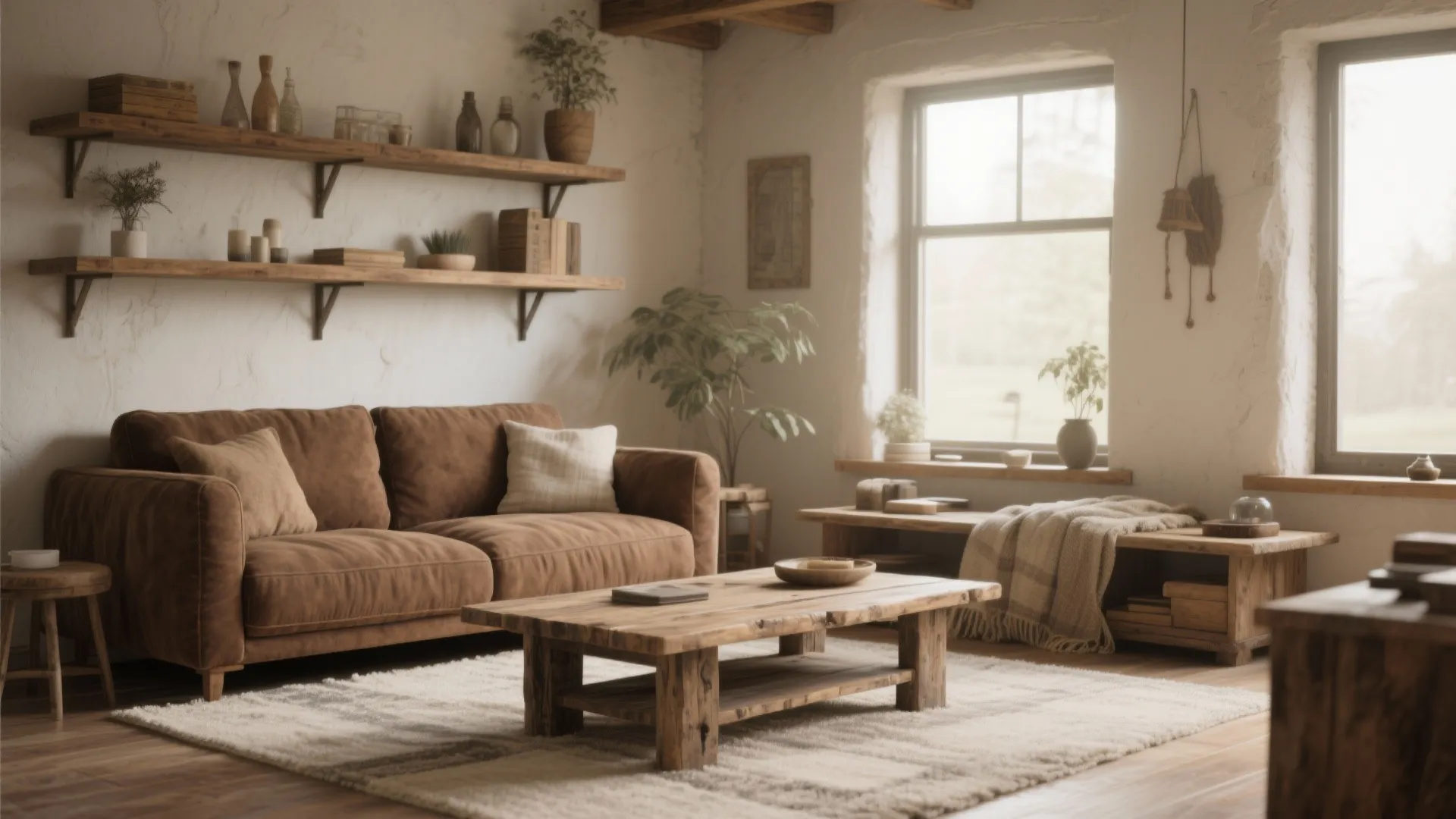 Rustic living room with brown sofa wooden coffee table open wall shelves and large bright windows