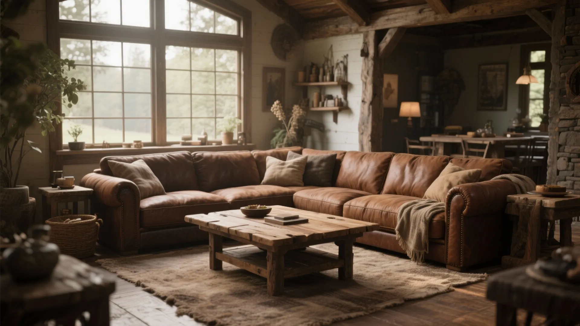 Rustic living room with brown sectional and wood table