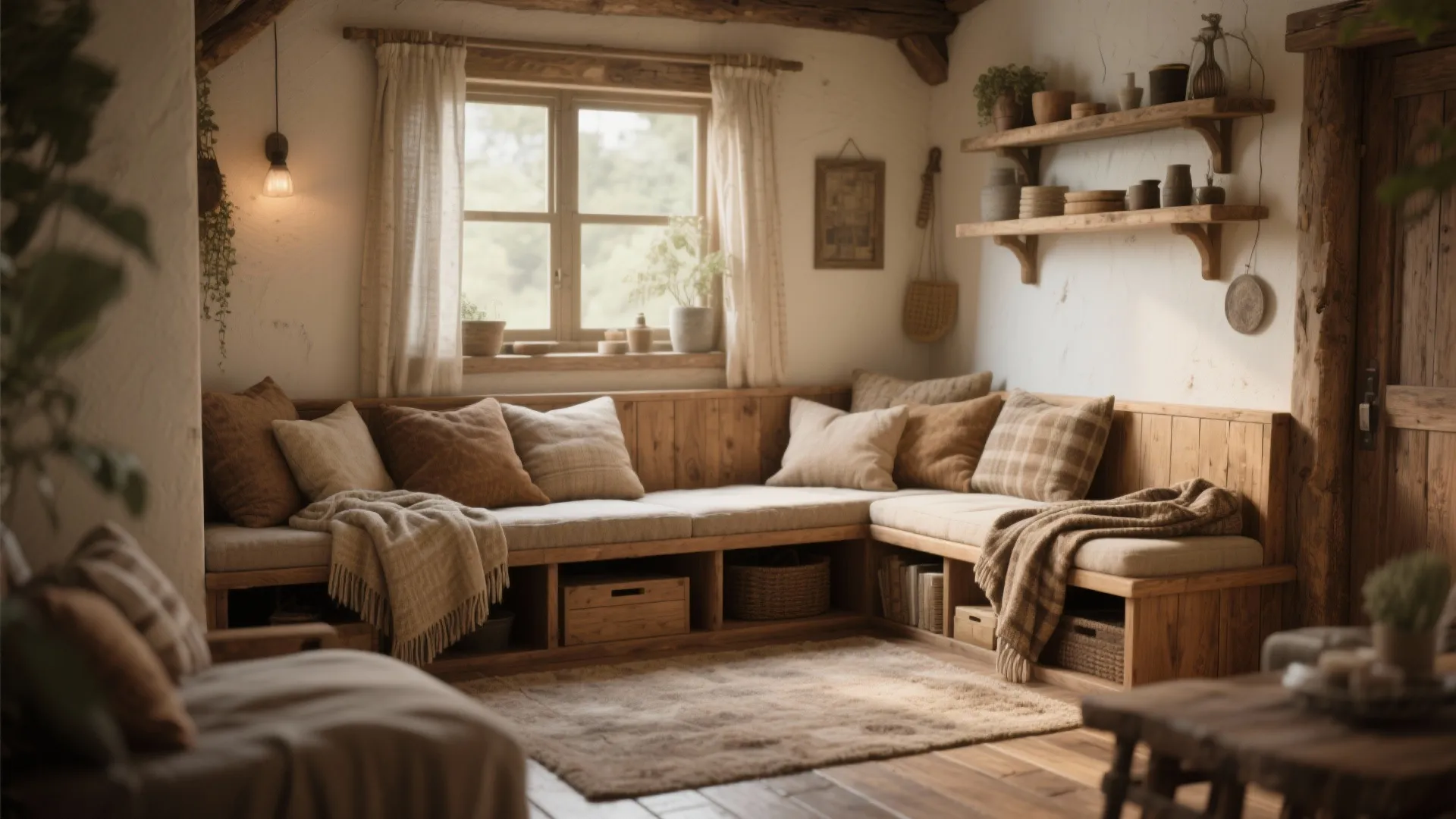 Rustic wooden corner bench with cushions and pillows placed under a window in a room