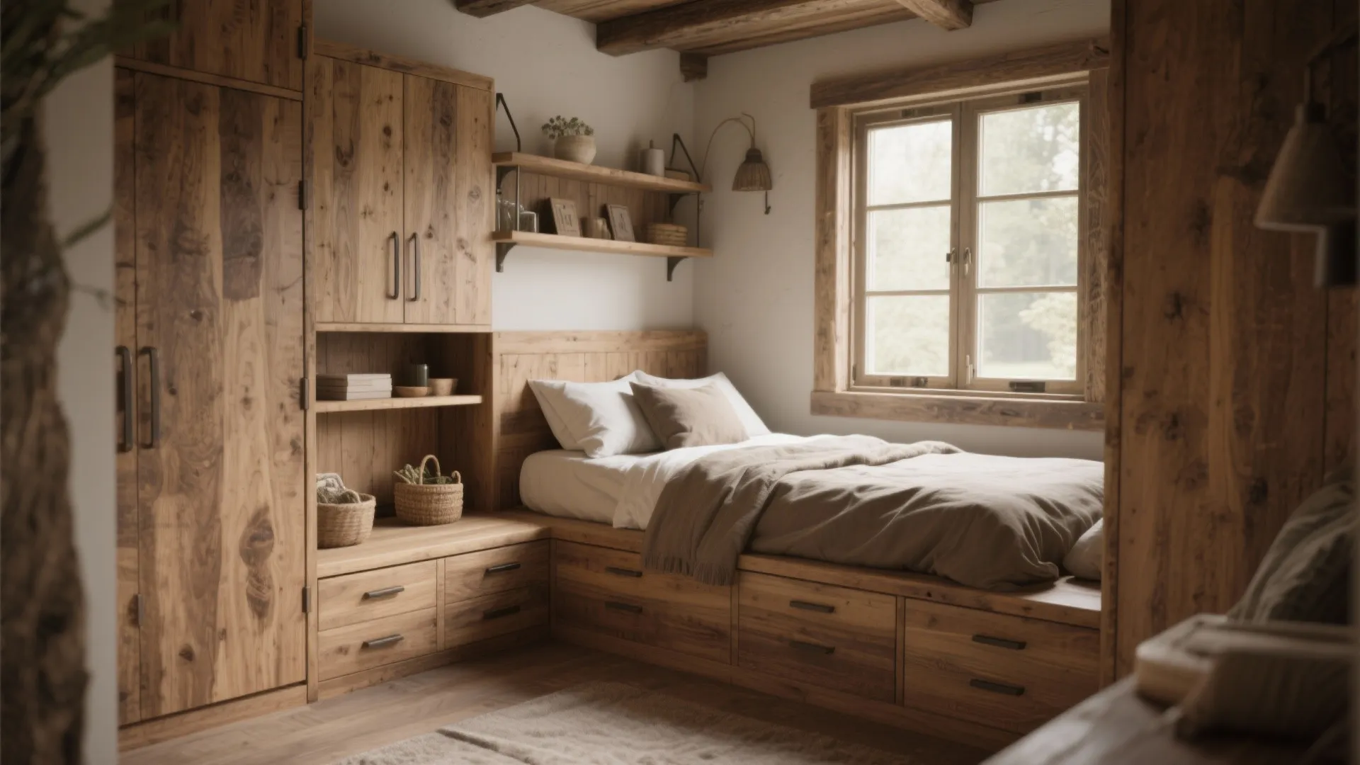 Rustic bedroom with built-in wooden window seat and shelves