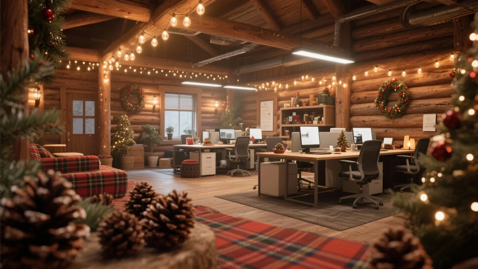 Cozy log cabin office interior with wood walls string lights wreaths and desks with computer monitors