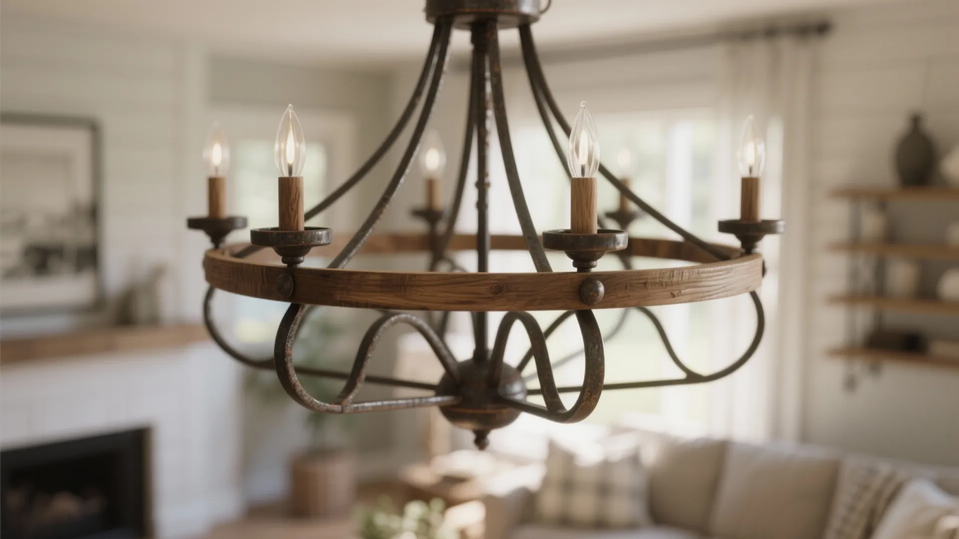 Close up of a rustic round wooden ceiling light with small bulbs in a bright room