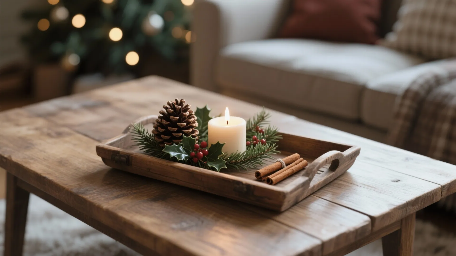 Rustic wooden tray with pinecones, candle, and holly sprig on coffee table