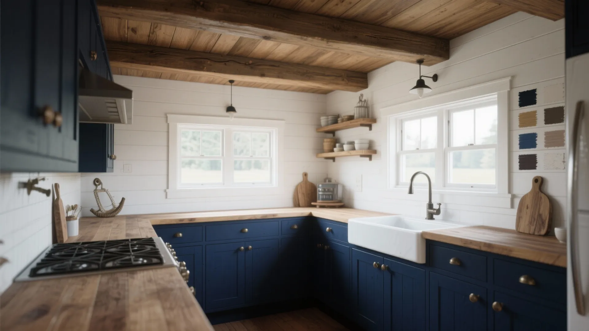 4. Rustic Contrast: Navy Walls with Crisp White Trim