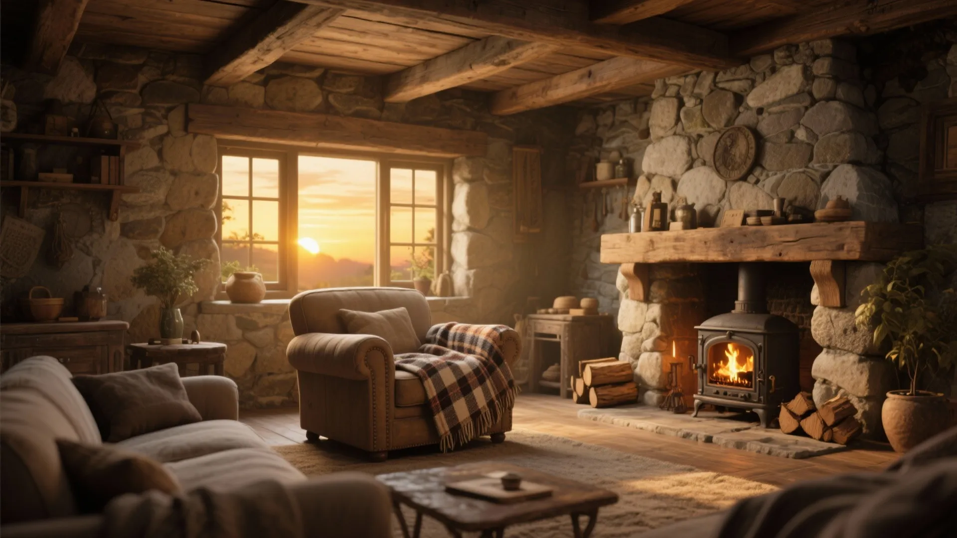 Rustic stone wall lounge with cast iron log burner