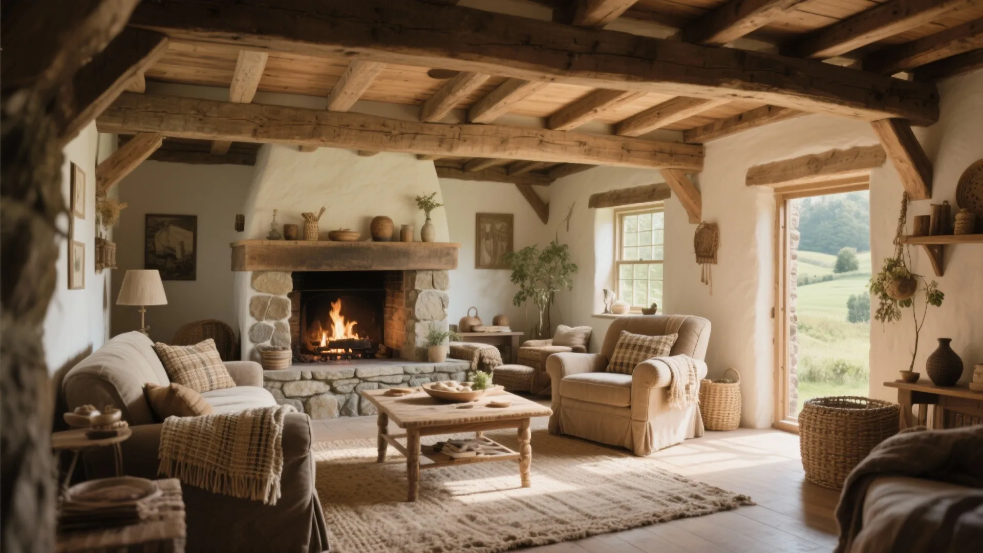 Rustic living room with wooden ceiling beams stone fireplace burning fire comfy sofa and table