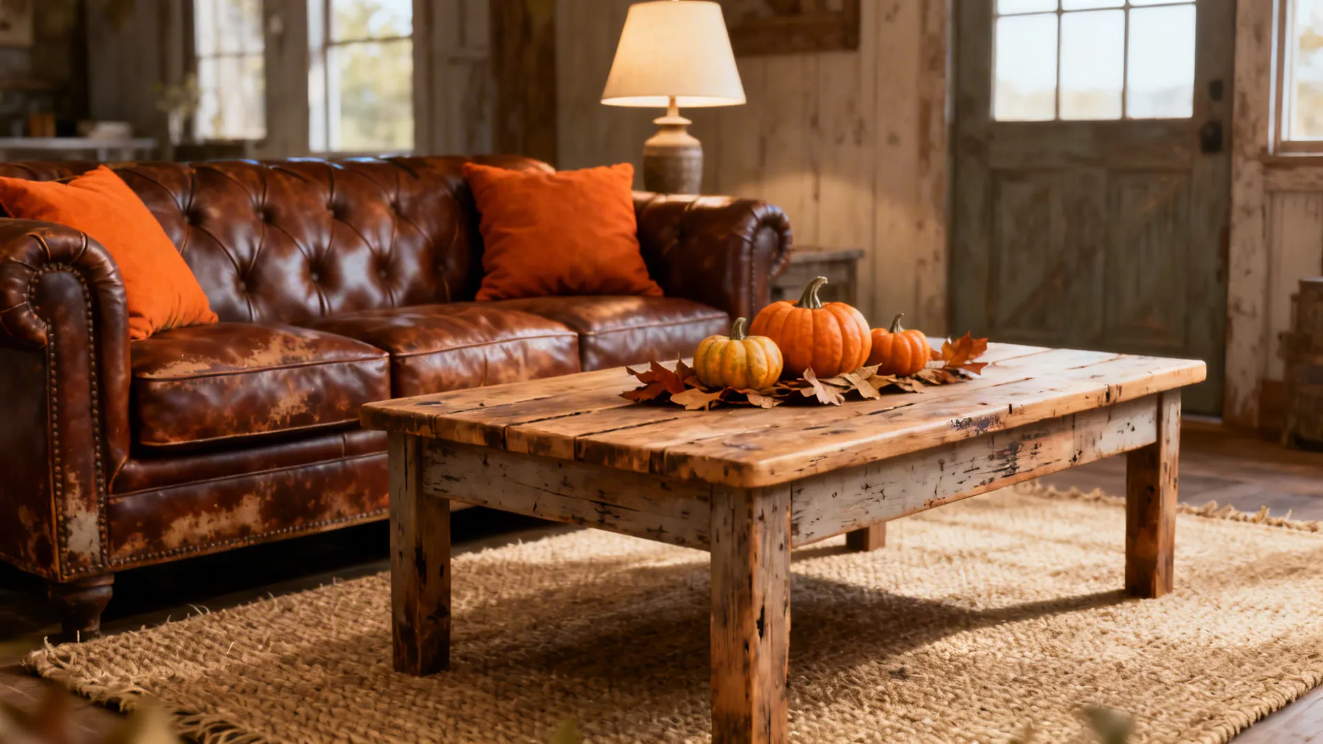Cozy rustic living room with a leather sofa and pumpkins on a wooden coffee table