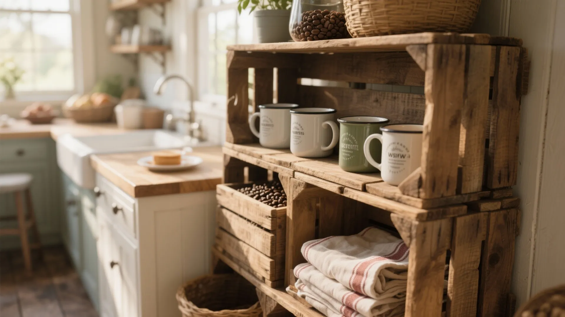 Rustic wooden crates stacked on kitchen counter holding ceramic mugs coffee beans and striped towels