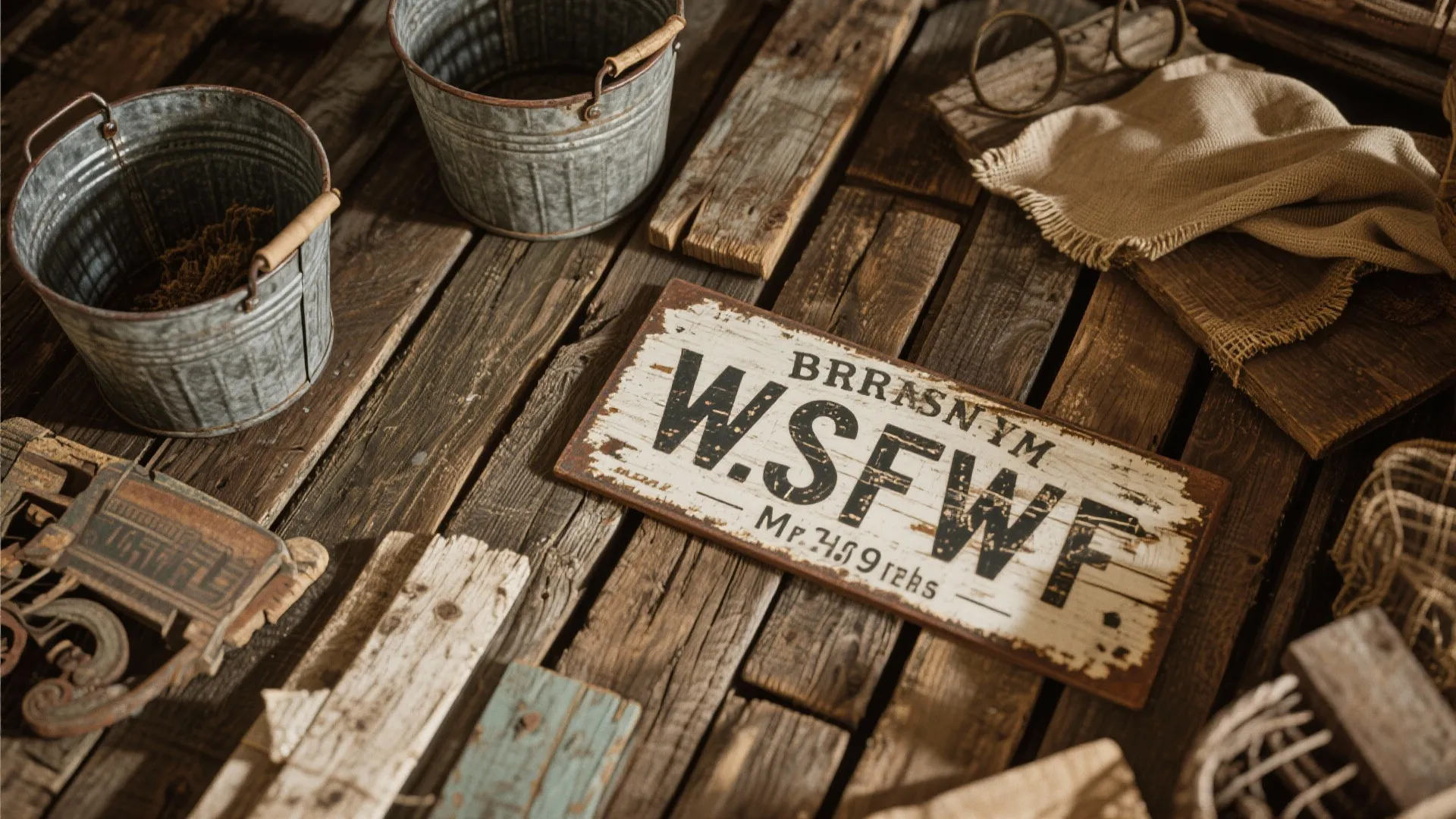 Rustic farmhouse materials including reclaimed wood and vintage metal decor