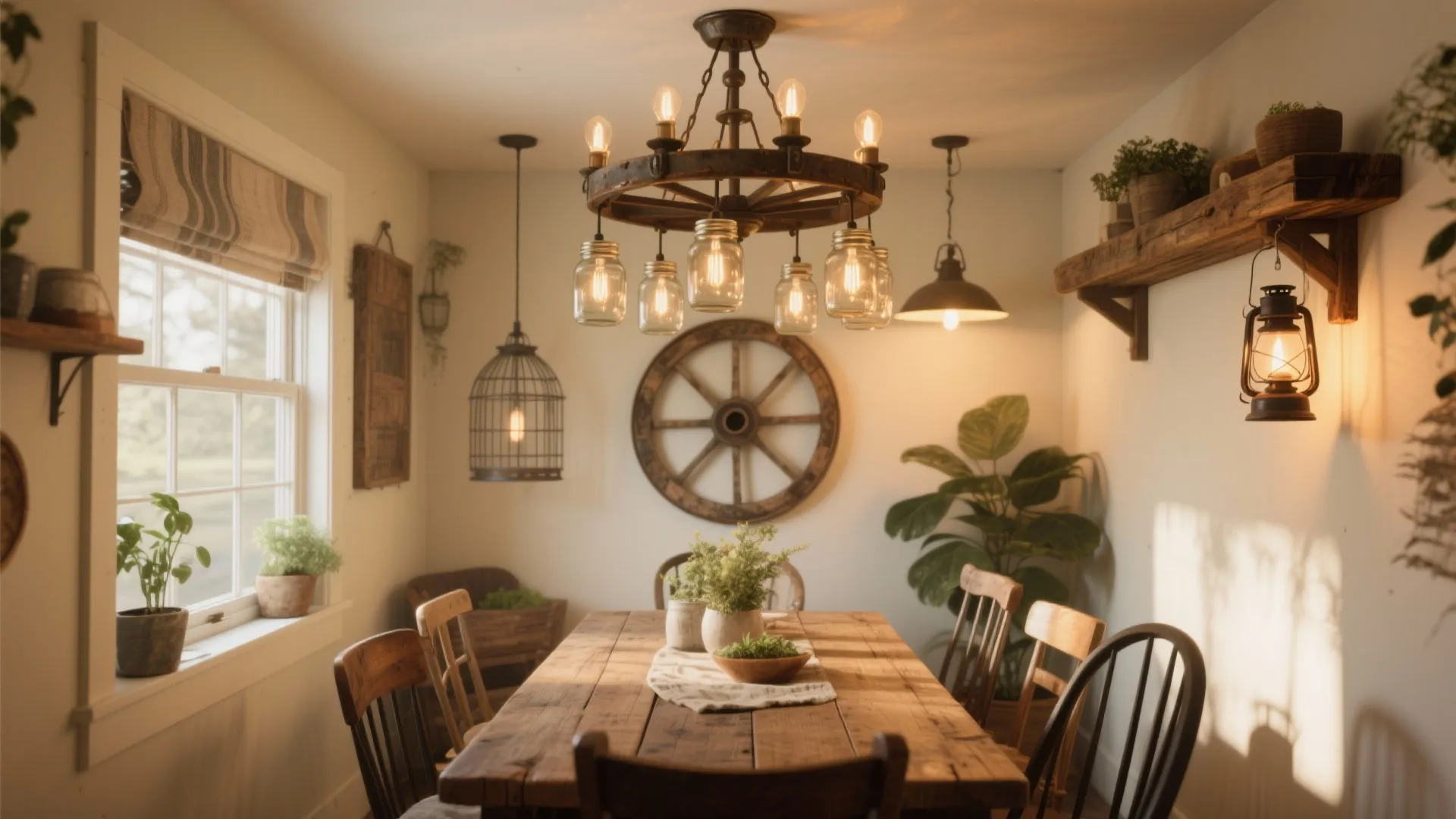 Rustic dining room with wooden table chairs large wheel ceiling light plants and white walls