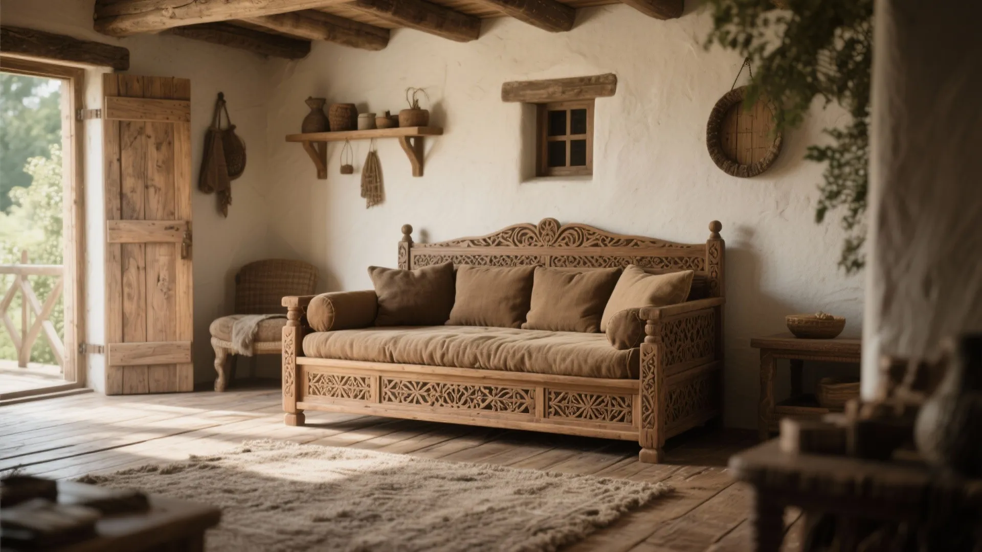 7. Rustic Wooden Diwan