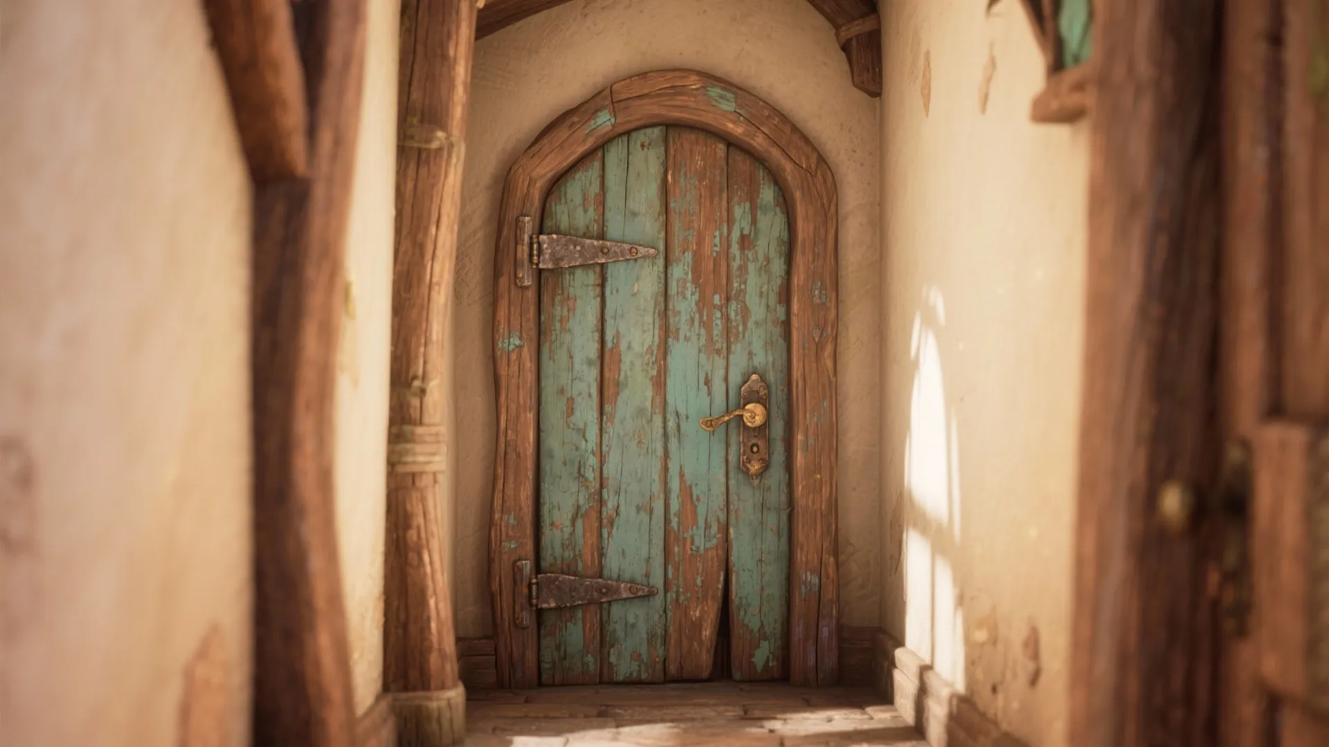 Rustic blue wooden door with metal hinges standing in a narrow hallway under warm light