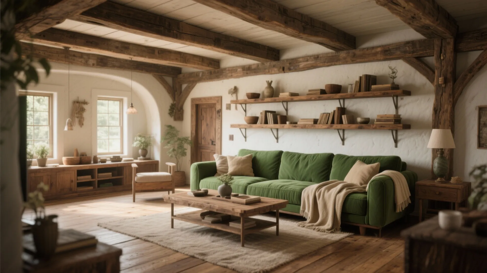 Rustic living room with green sofa wooden ceiling beams wall shelves and a coffee table