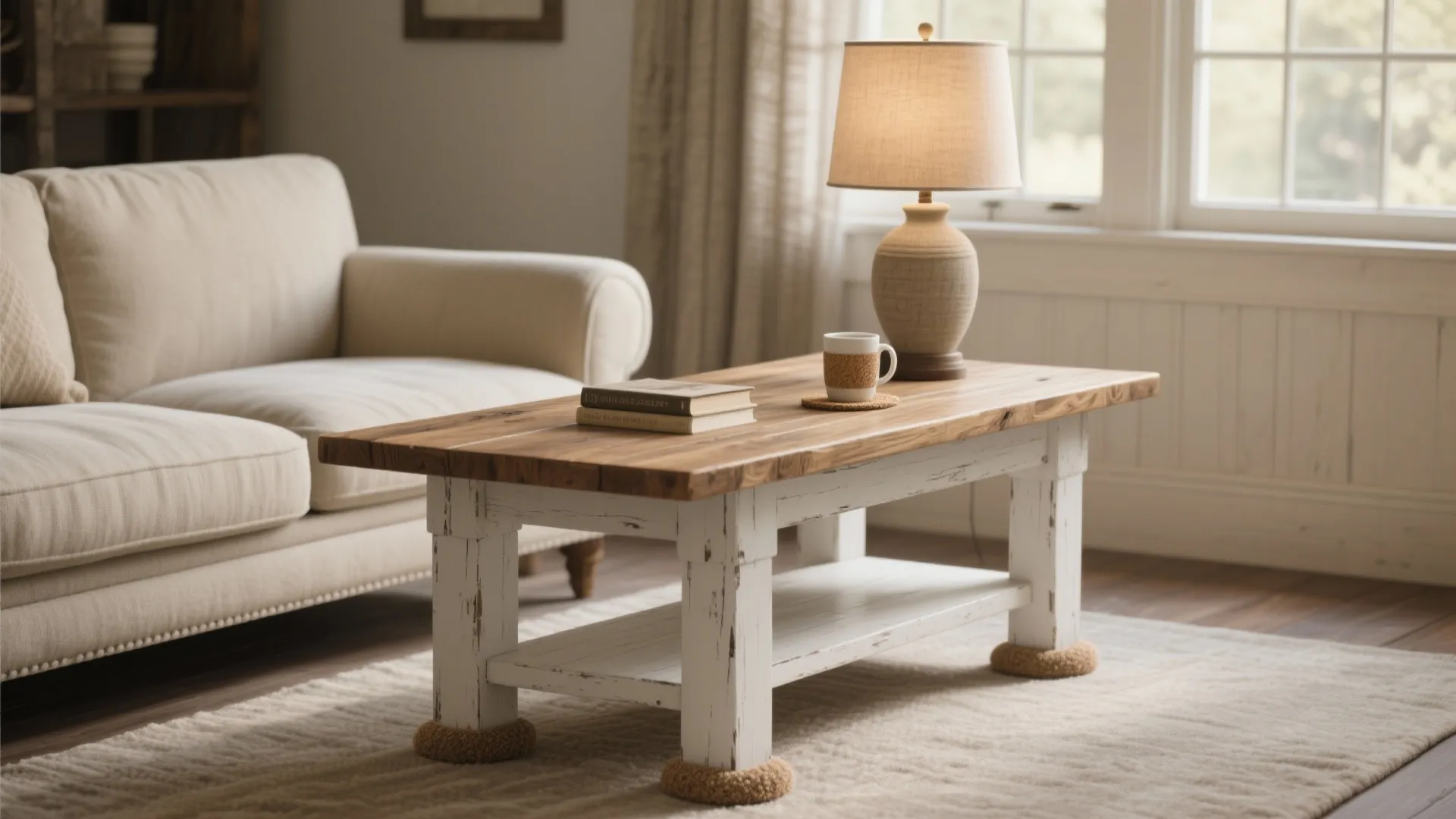 Rustic wood coffee table with white legs holding books and a lamp in living room