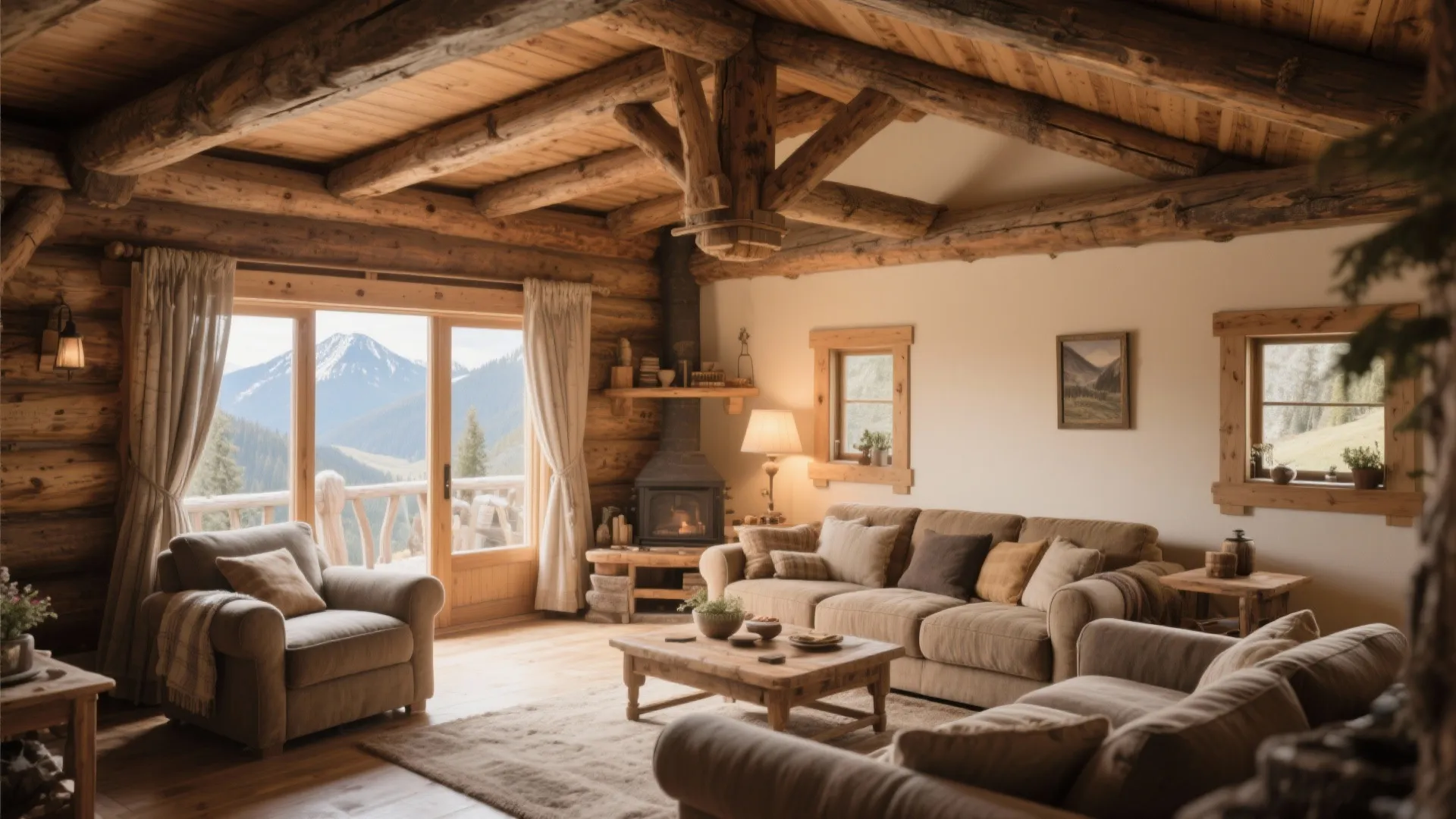 Rustic log cabin living room with exposed wood ceiling beams and mountain view through windows