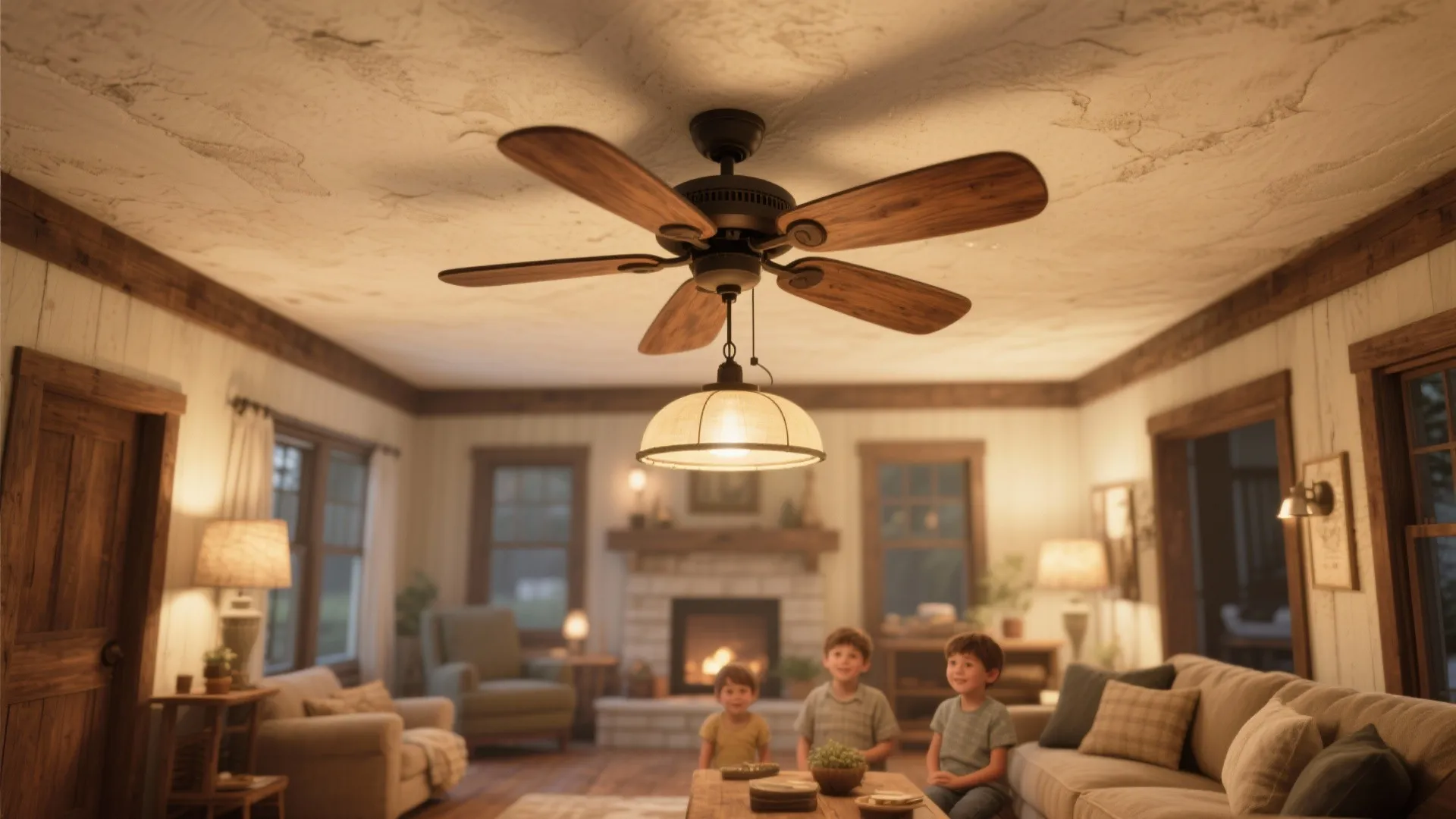 Farmhouse living room with wooden-blade fan and suspended ring pendant light