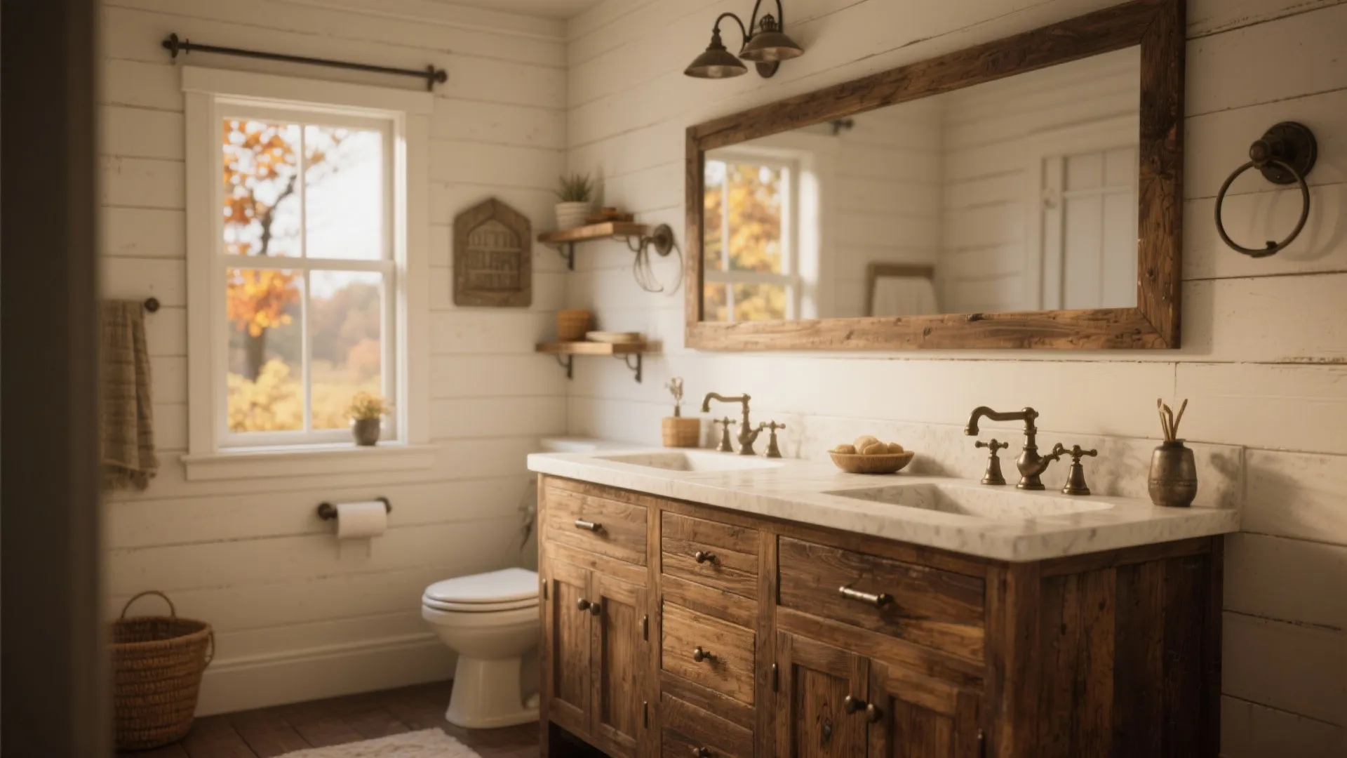 Rustic farmhouse bathroom with wood cabinet white wall panel large mirror toilet and window view