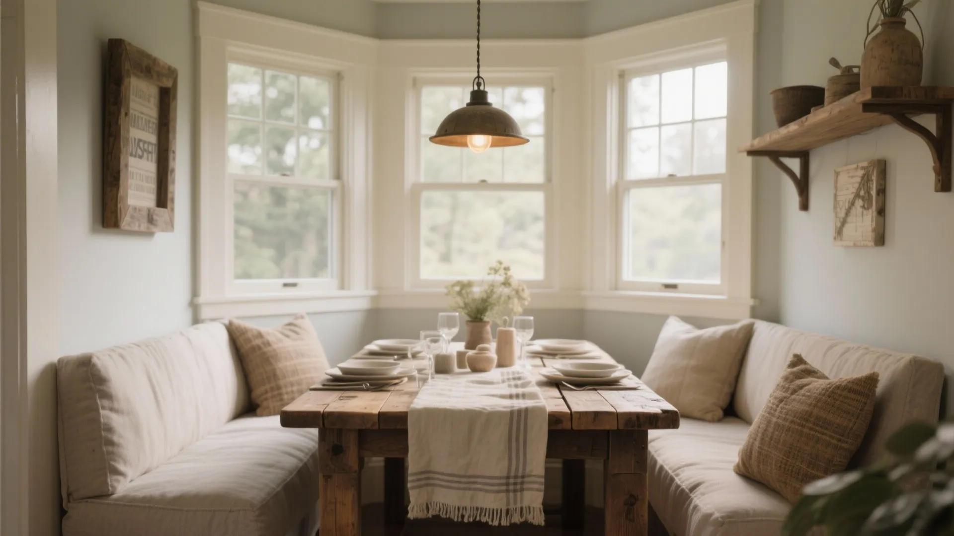 Rustic dining area with wooden table, bench seating, white windows, ceiling light, and neutral pillows
