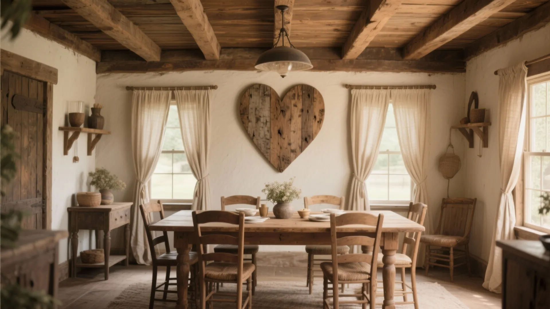 Weathered oak heart above a rustic farmhouse dining table