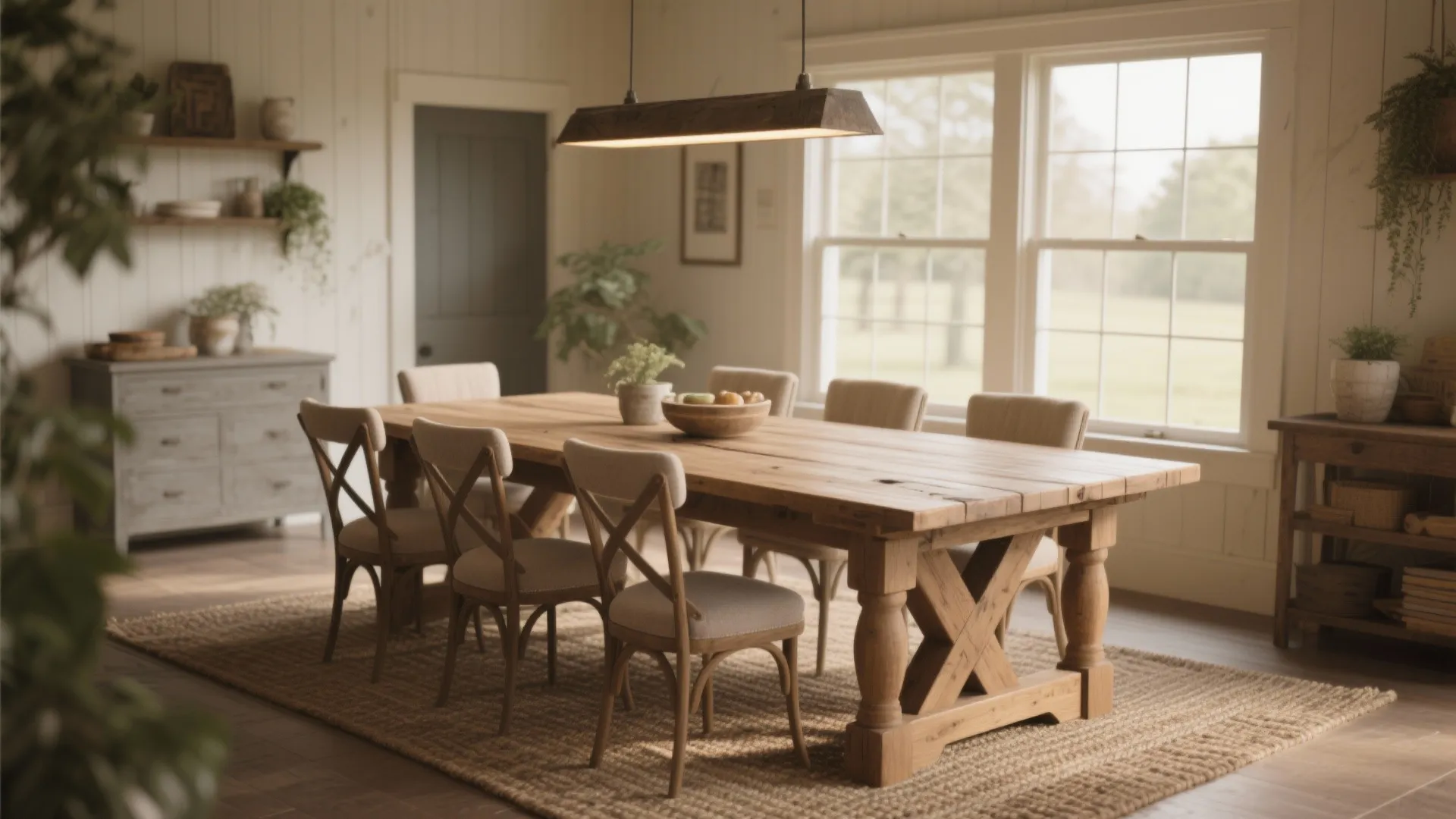 Rustic dining room featuring wooden table chairs ceiling light white wall panels and large window views