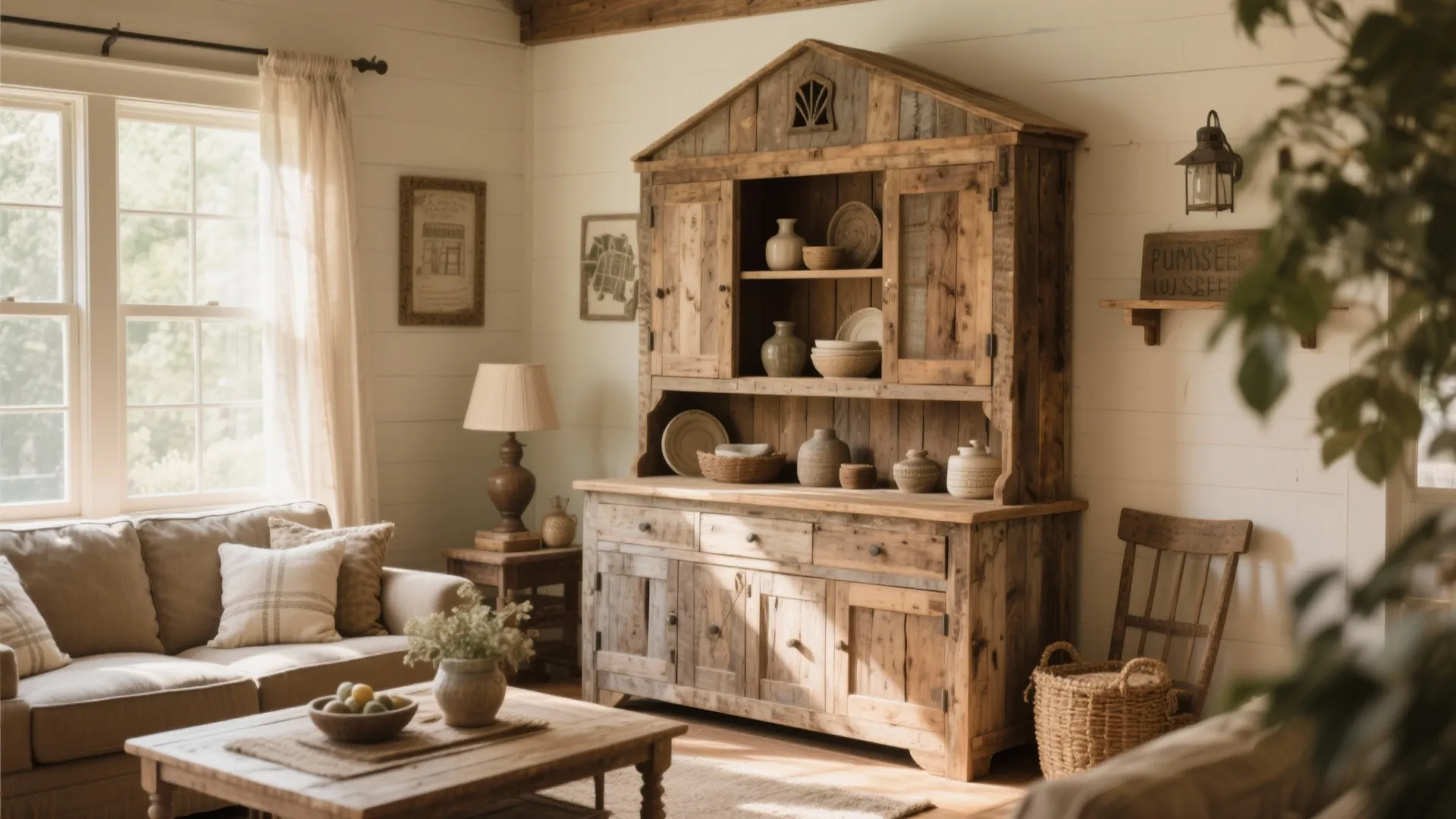 Reclaimed wood farmhouse hutch adding warmth to living room