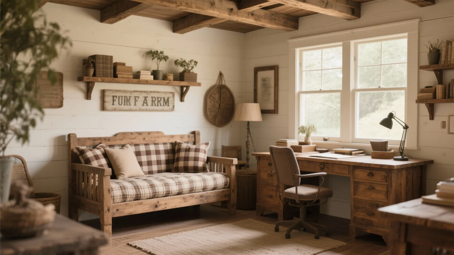 Rustic farmhouse home office with wood daybed and plaid