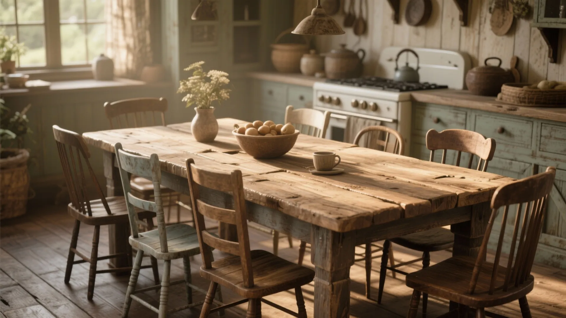 Rustic farmhouse kitchen with large wooden dining table vintage chairs bowl of potatoes and sunlight