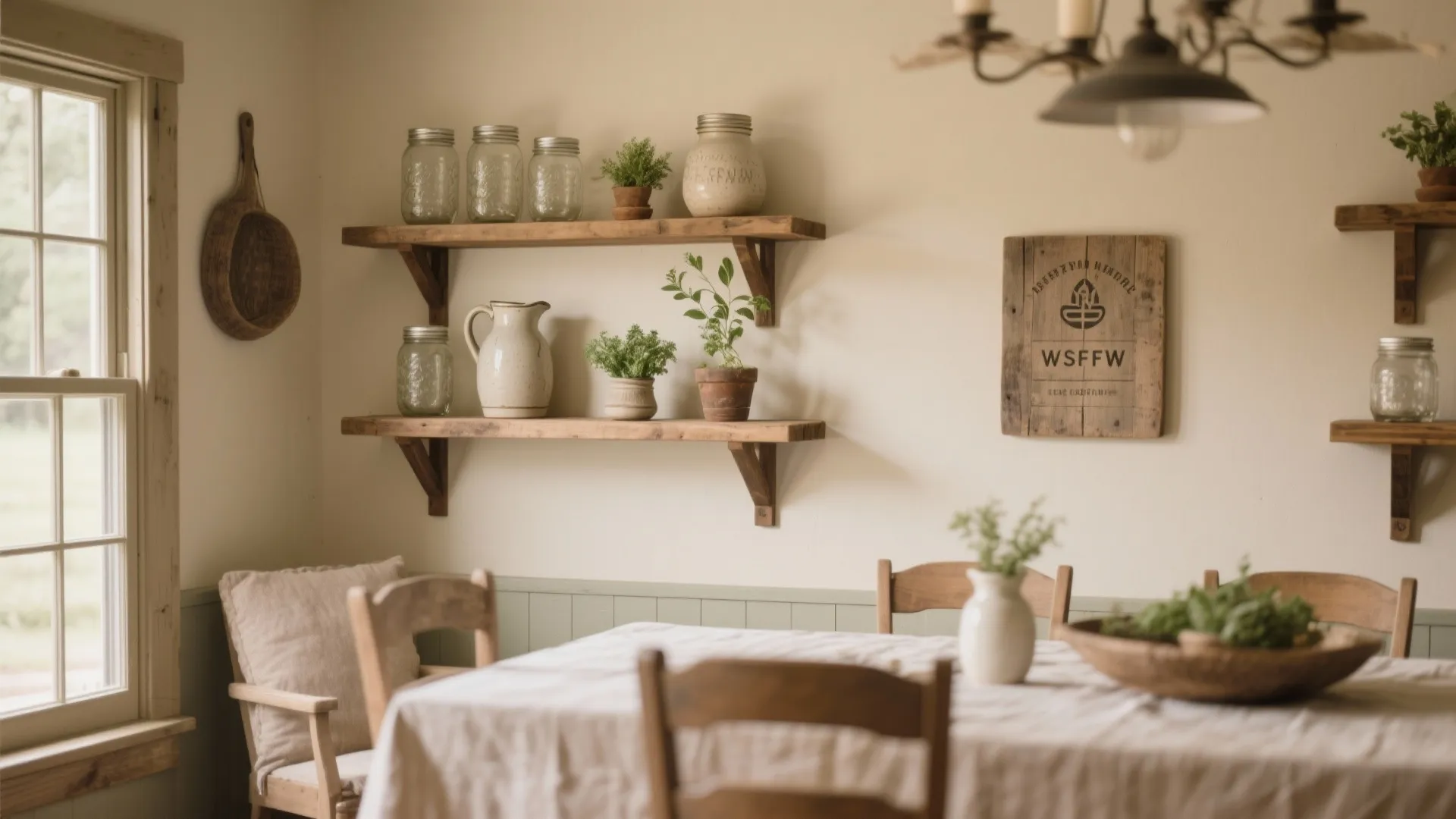 Dining area with wooden floating shelves holding jars plants and a table with white cloth