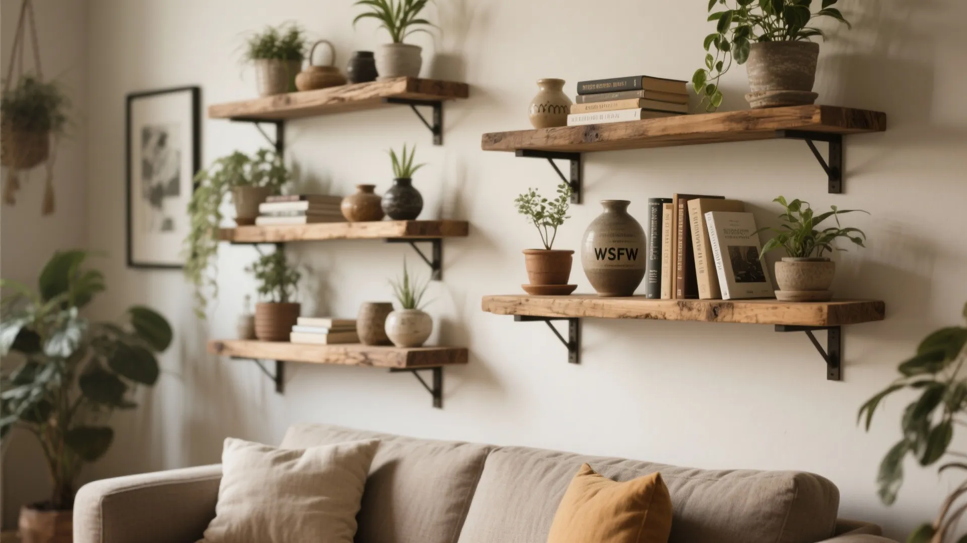 Rustic wood floating shelves displaying decor and plants