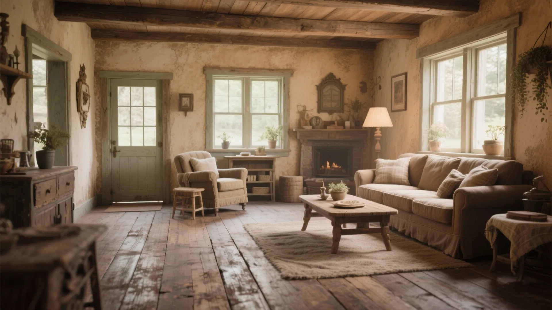Cottage-inspired living room with distressed hardwood floors
