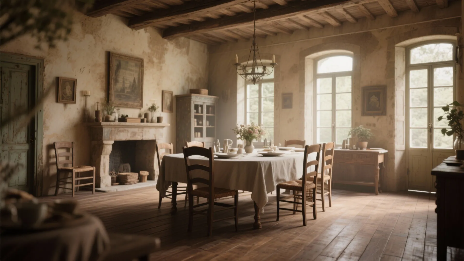 Rustic dining room featuring a wooden table with white cloth, wooden chairs, and stone fireplace