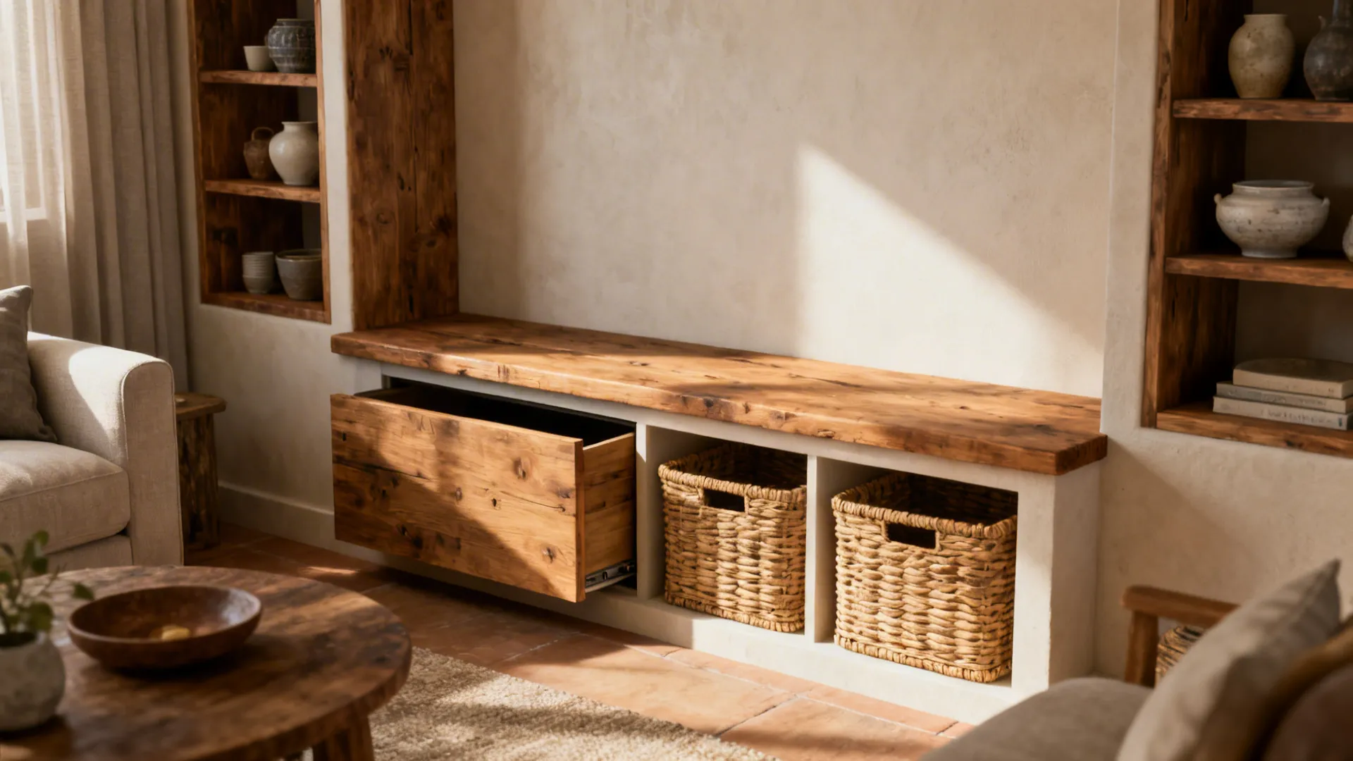 Built-in bench with hidden storage and woven baskets in a compact rustic living room