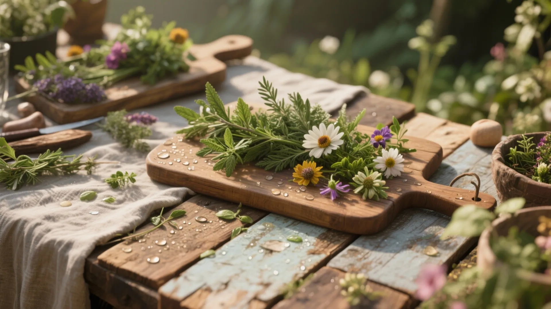 Fresh green herbs and colorful small flowers placed on wooden boards over a rustic garden table