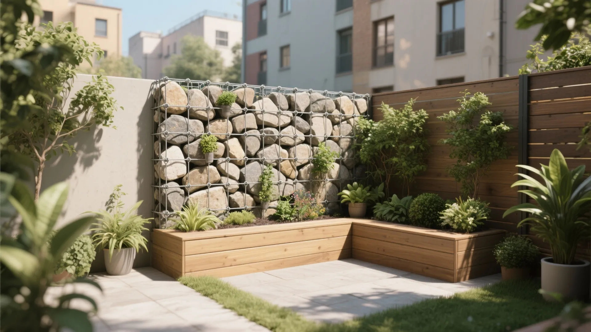 Small backyard garden with stone wall and wooden corner planter box filled with green plants