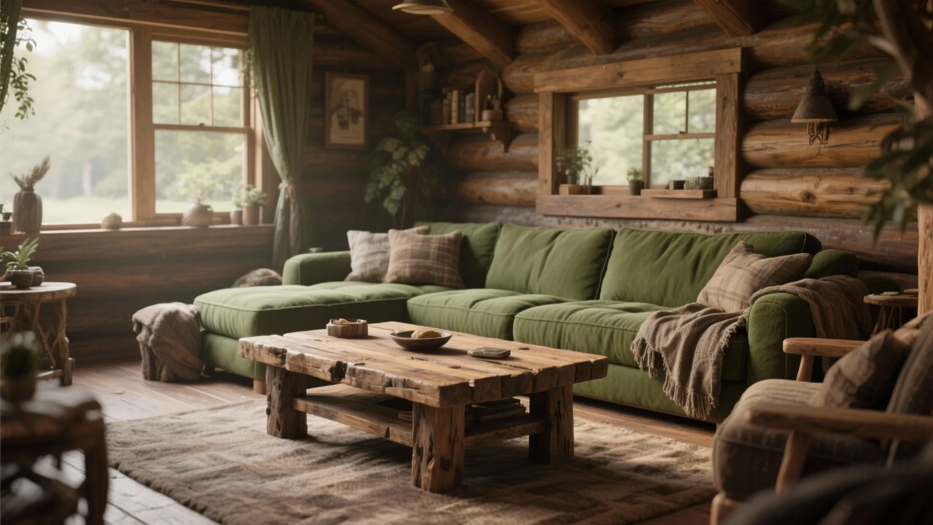 Rustic living room with forest green sectional and wood coffee table