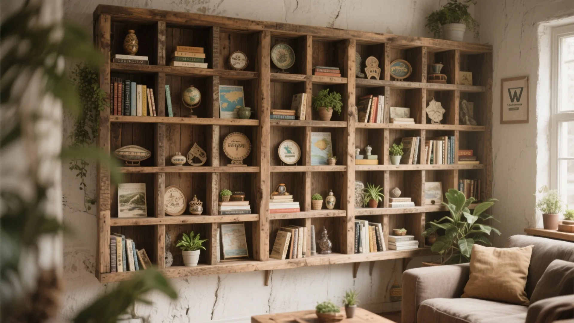 Large wooden grid cabinet filled with books and small plants next to a grey sofa