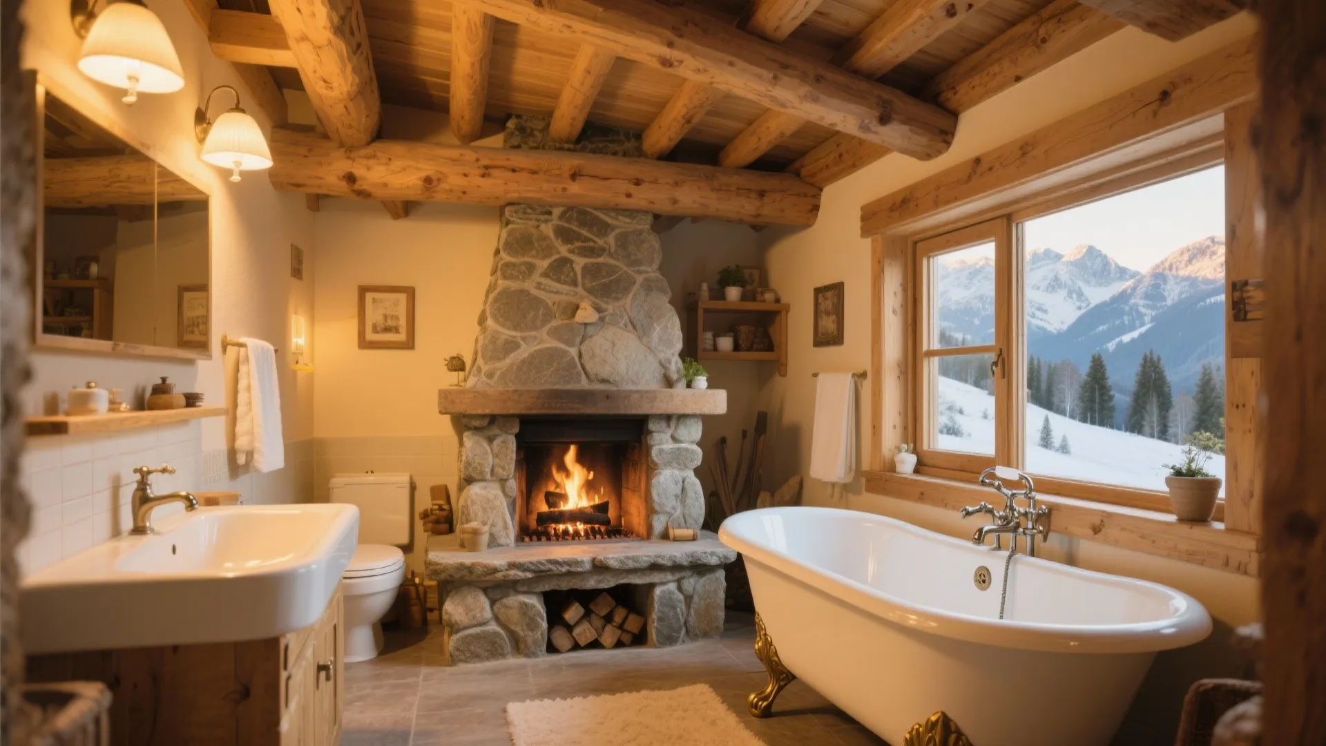 Rustic bathroom featuring stone fireplace wooden beams white bathtub and window with snowy mountain view
