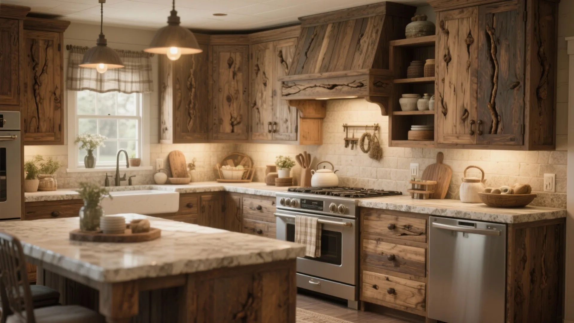 Rustic kitchen with natural wood cabinets marble island white sink metal oven and hanging ceiling lights