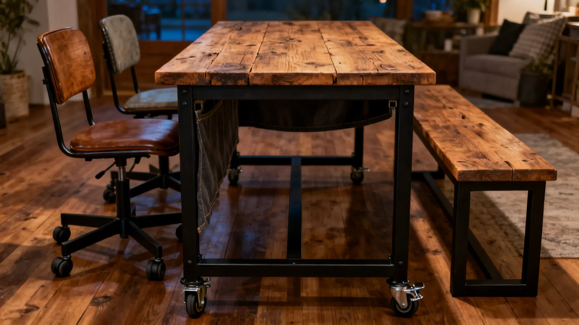 Reclaimed oak farmhouse table with hidden recessed casters and mixed seating.