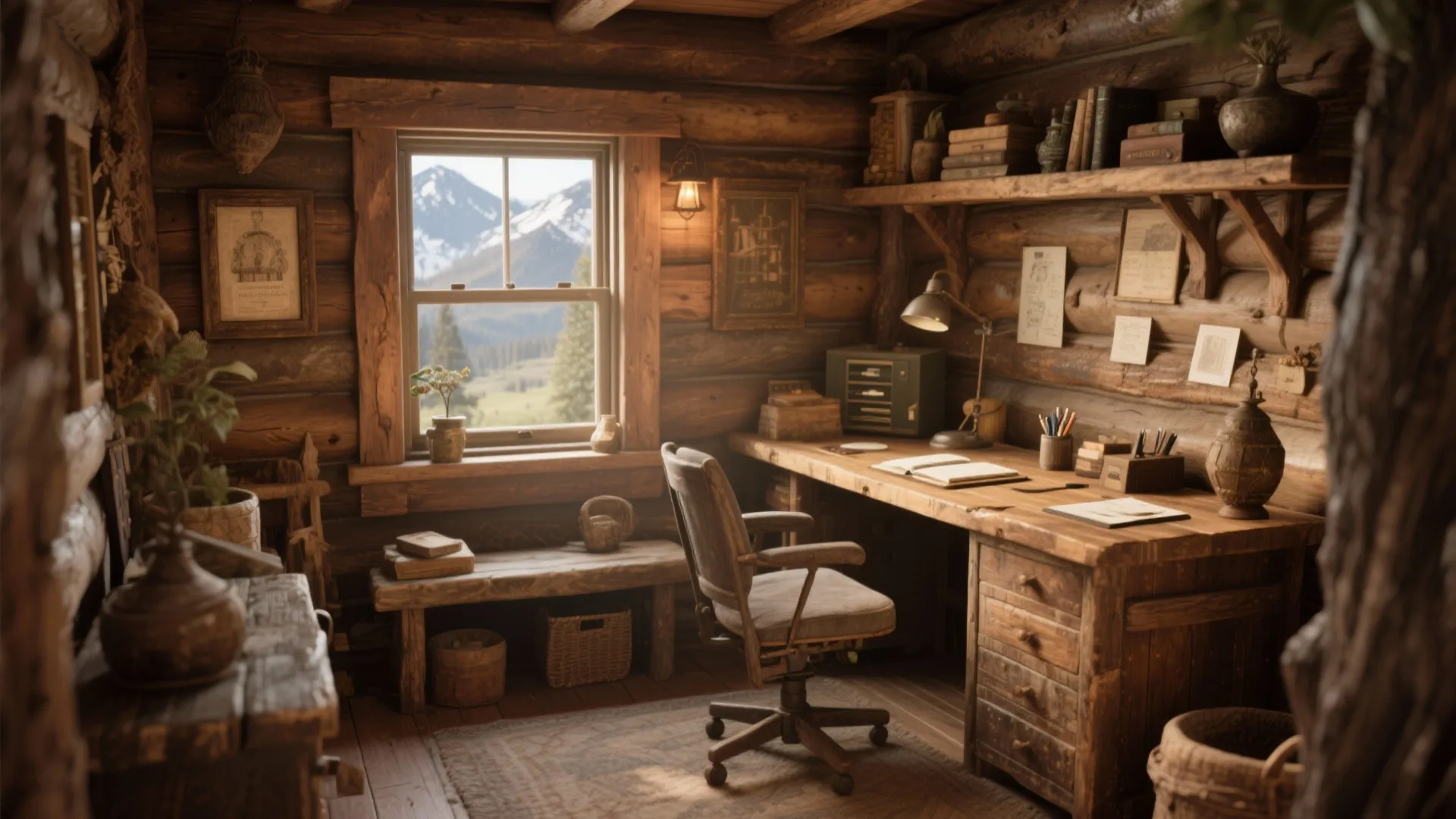 Rustic log cabin home office with wooden desk, chair, and window showing a snowy mountain