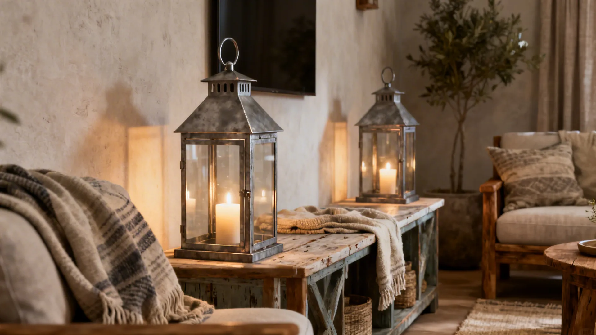 Indoor living room with metal and glass outdoor-style lanterns paired with wood furniture and natural textiles.