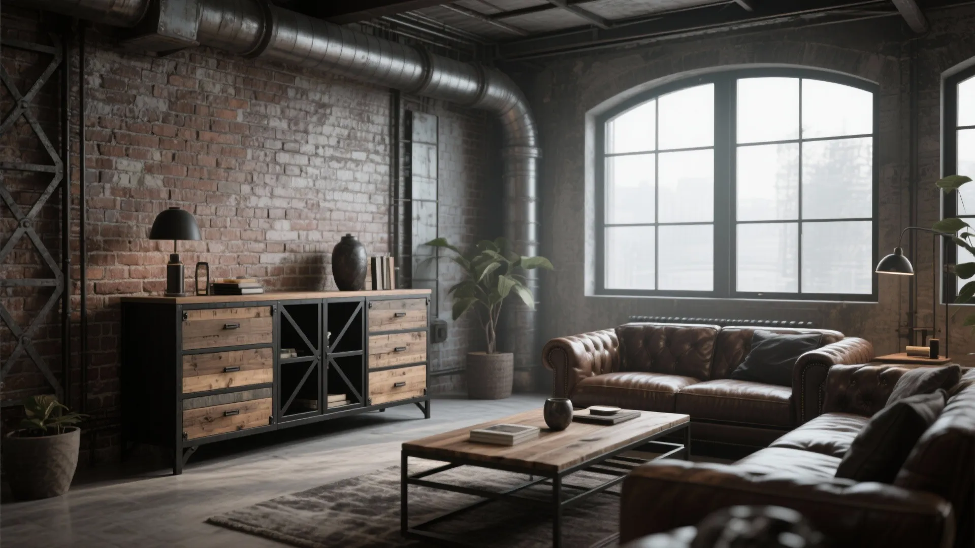 Rustic industrial dresser with reclaimed wood and metal in a loft