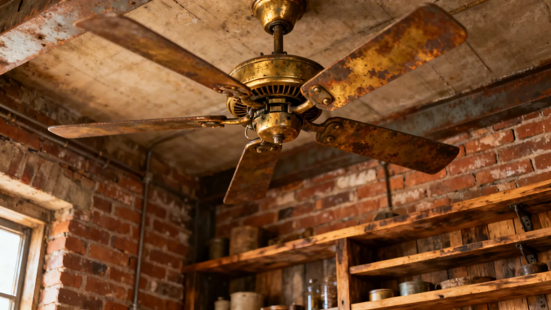 Living room with brick wall and a weathered brass industrial ceiling fan adding warm character