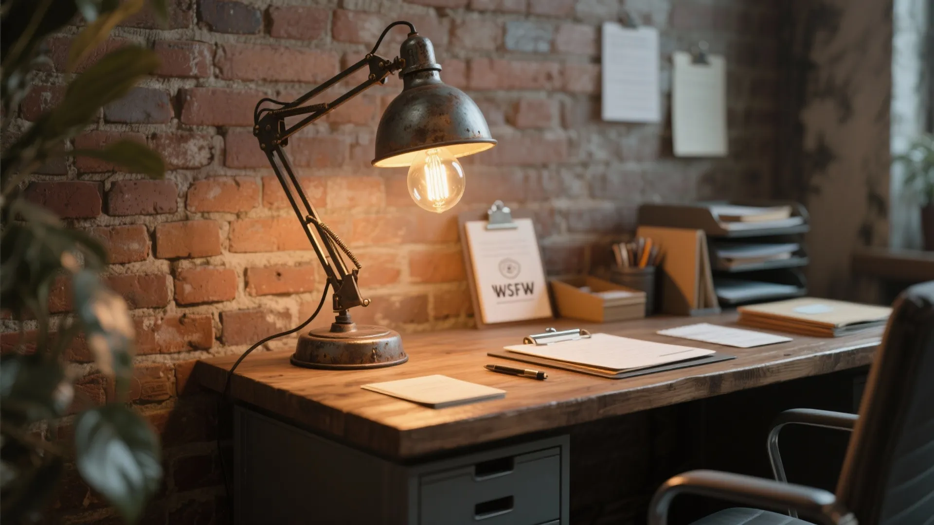 Vintage metal desk lamp on a wooden table with brick wall background and office supplies