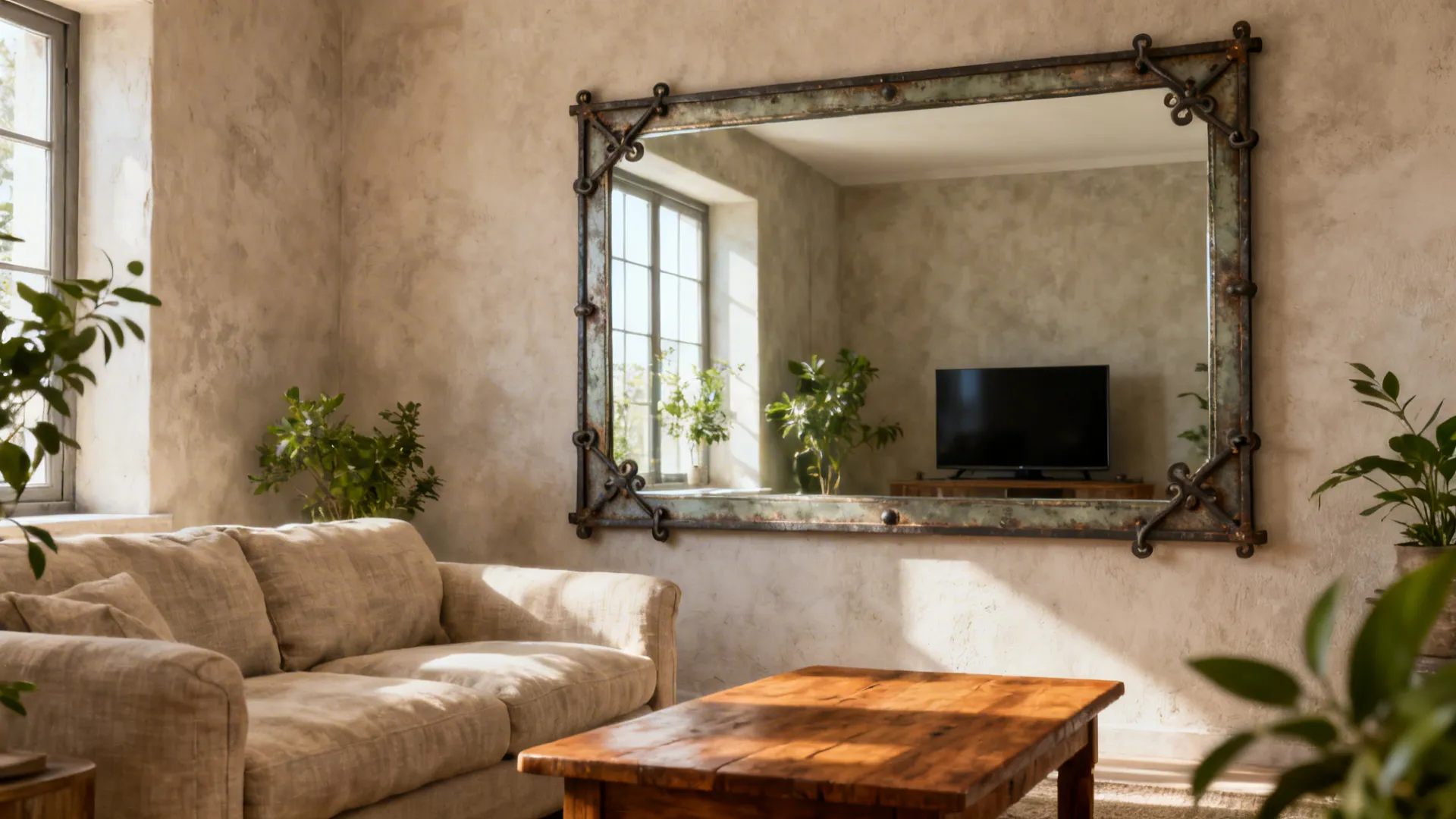Large antiqued mirror with forged-iron frame reflecting daylight in a small rustic living room.