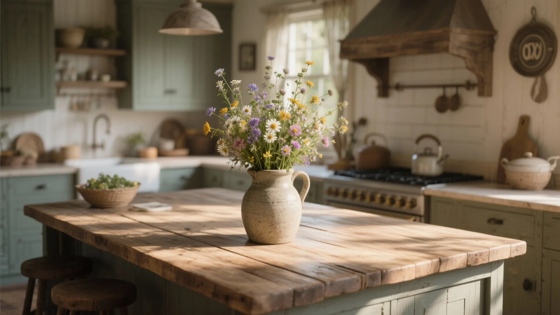 Rustic stoneware jug vase on farmhouse kitchen island