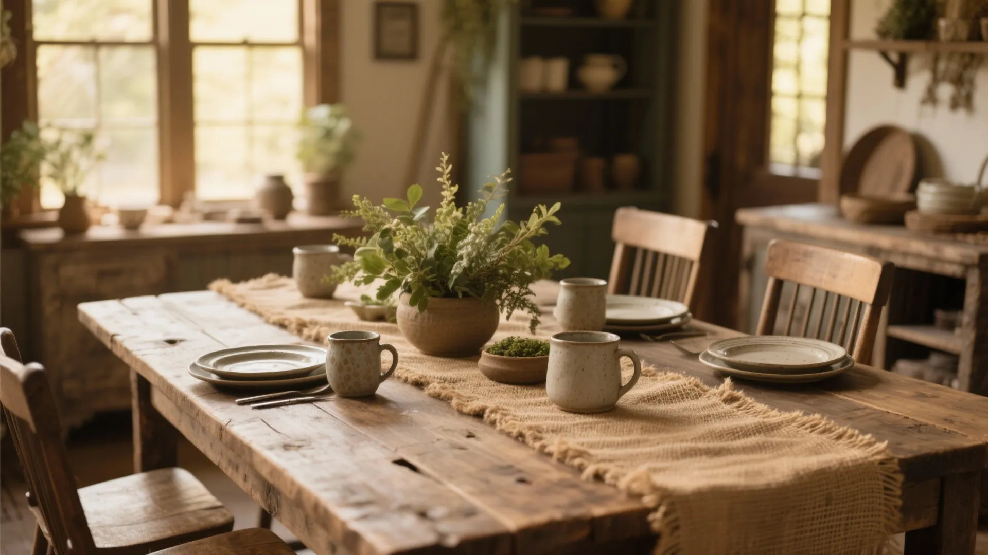 Rustic wooden dining table with burlap table runner plant in pot and ceramic mugs and plates