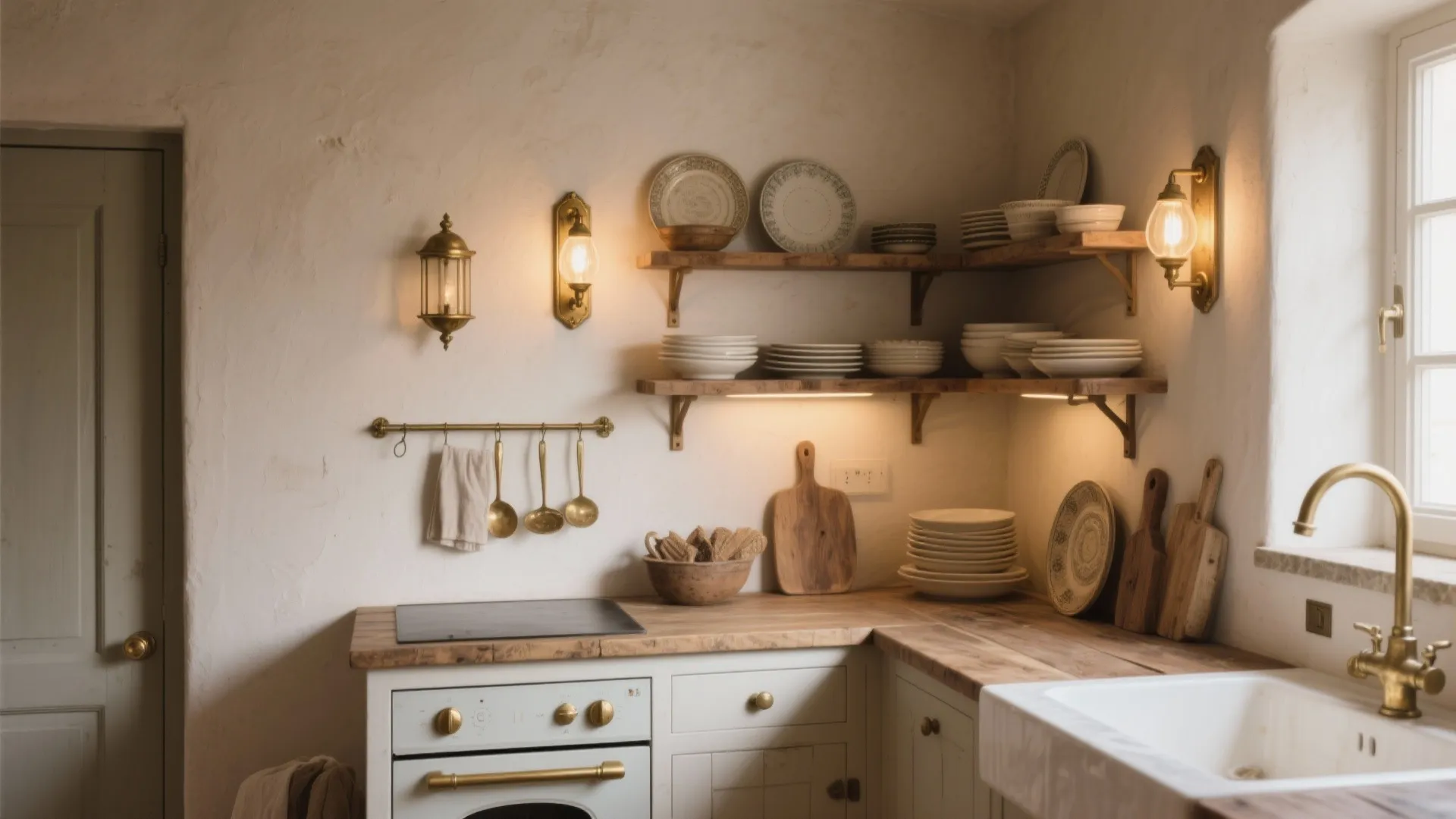 Rustic kitchen with white cabinets wooden countertop open shelves brass wall light and ceramic plates